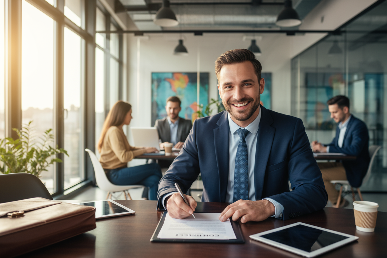 un homme de 30 ans qui signe un contrat - dynamique et souriant